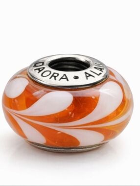 Pandora Orange Murano Glass Charm White Swirl ALE Sterling Silver Bead